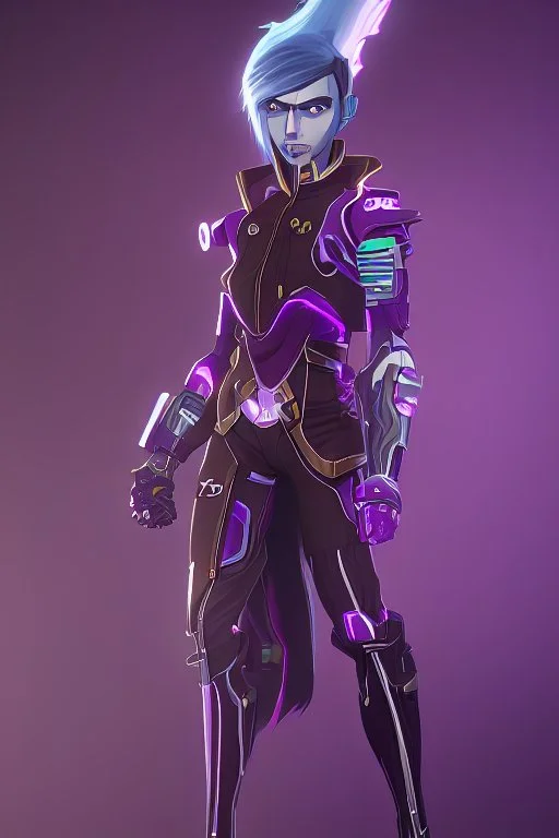 A Genderless Cyborg made of metal, has a human like face with a long violet ponytail, the cybord is wearing armor similar to Megaman Omega. The color palatte of the armour is deep purple and yellow.