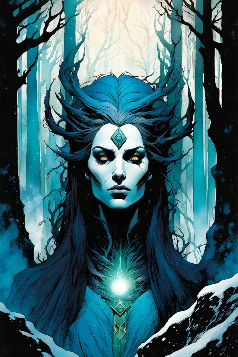 create a wildly conceptual portrait illustration of sorceress with highly detailed feminine facial features, in an ethereal, otherworldly , darkened, ancient winter forest , in the comic book art style of Bill Sienkiewicz, Mike Mignola, Sparth, and Jean Giraud Moebius, finely drawn, colored and inked, suffused with dramatic natural light and shadow under a midnight blue moon