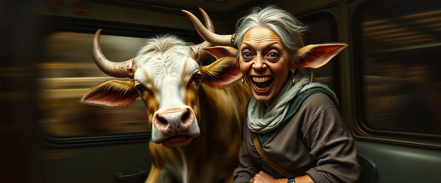 master oil painting by Rembrandt, scary ai sami cow gremlin woman on buss , motion blur background