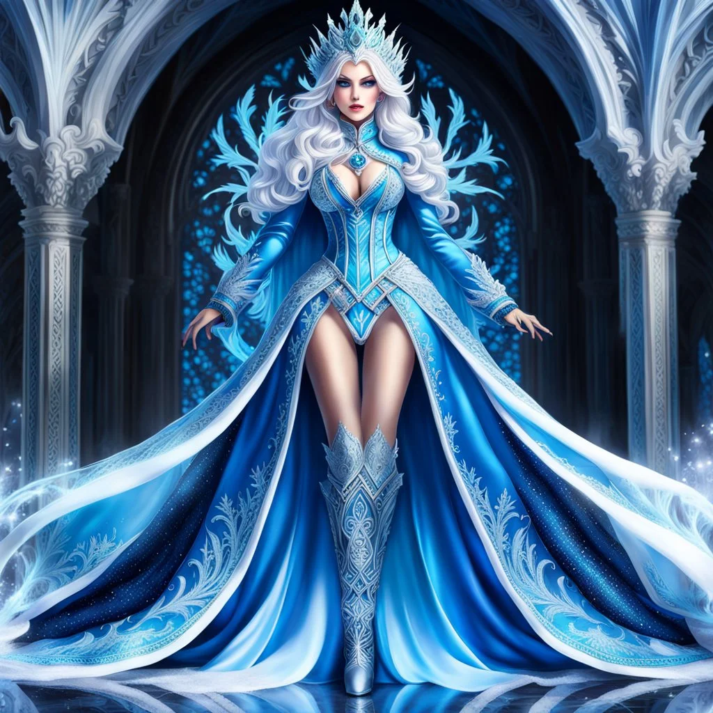 Full body de hermosa y malvada reina del hielo, pelo blanco, ojos azules luminosos, vestimenta intrincada, hiperdetallada, calidad ultra, increíble obra de arte, full body, piernas completas, pies completos