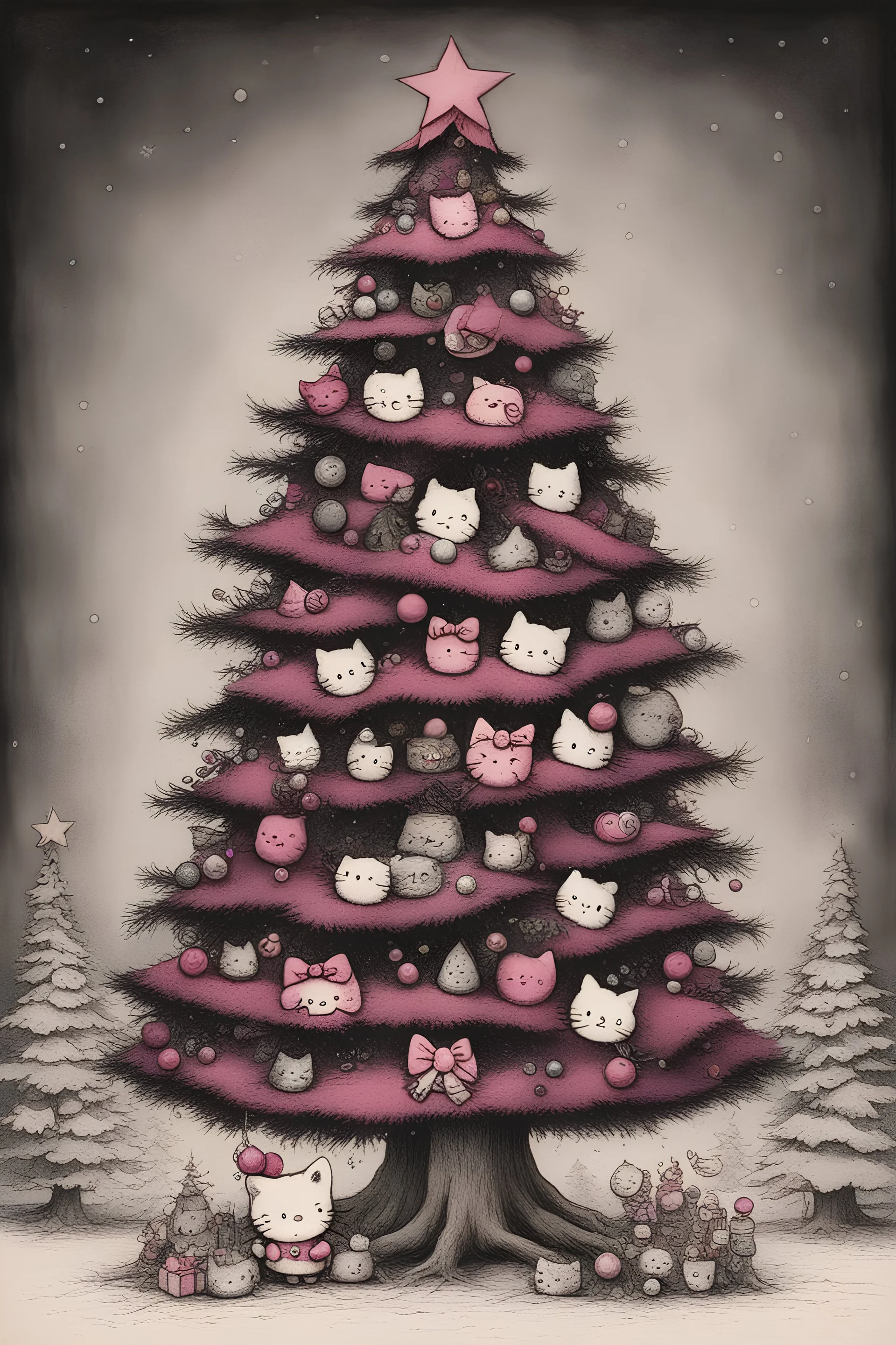 Christmas tree but with hello kitty heads as decorations, by <John Kenn Mortensen>, darkpink tones,