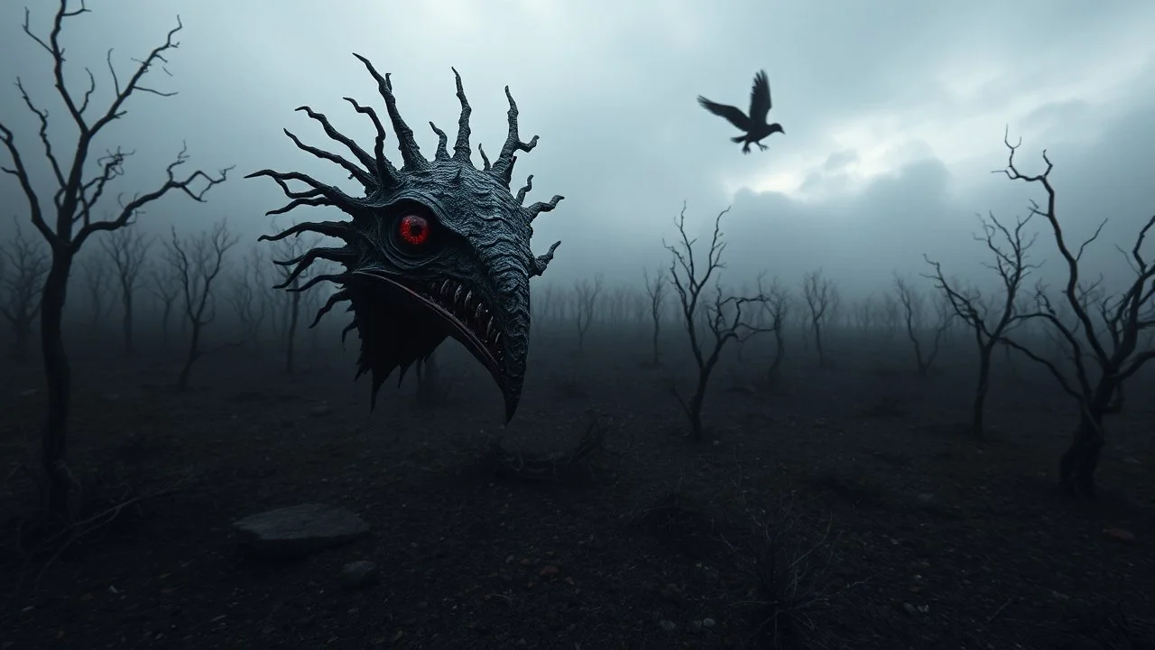 close in center weird crepy bird creature and and far away on sky different small dark crepy birds surreal thriller vibe trees in alternative surreal barren, dry, gloomy world, nightmare in abyss, deep vortex, black, gray, purple, brown, silver, dark red colors, surreal, weird dark fantasy, deep dark colors, sharp lines, crepy stunning, high detalied, weird, fog, shadows, realistic, surreal, highly detailed, melancholic thriller mood