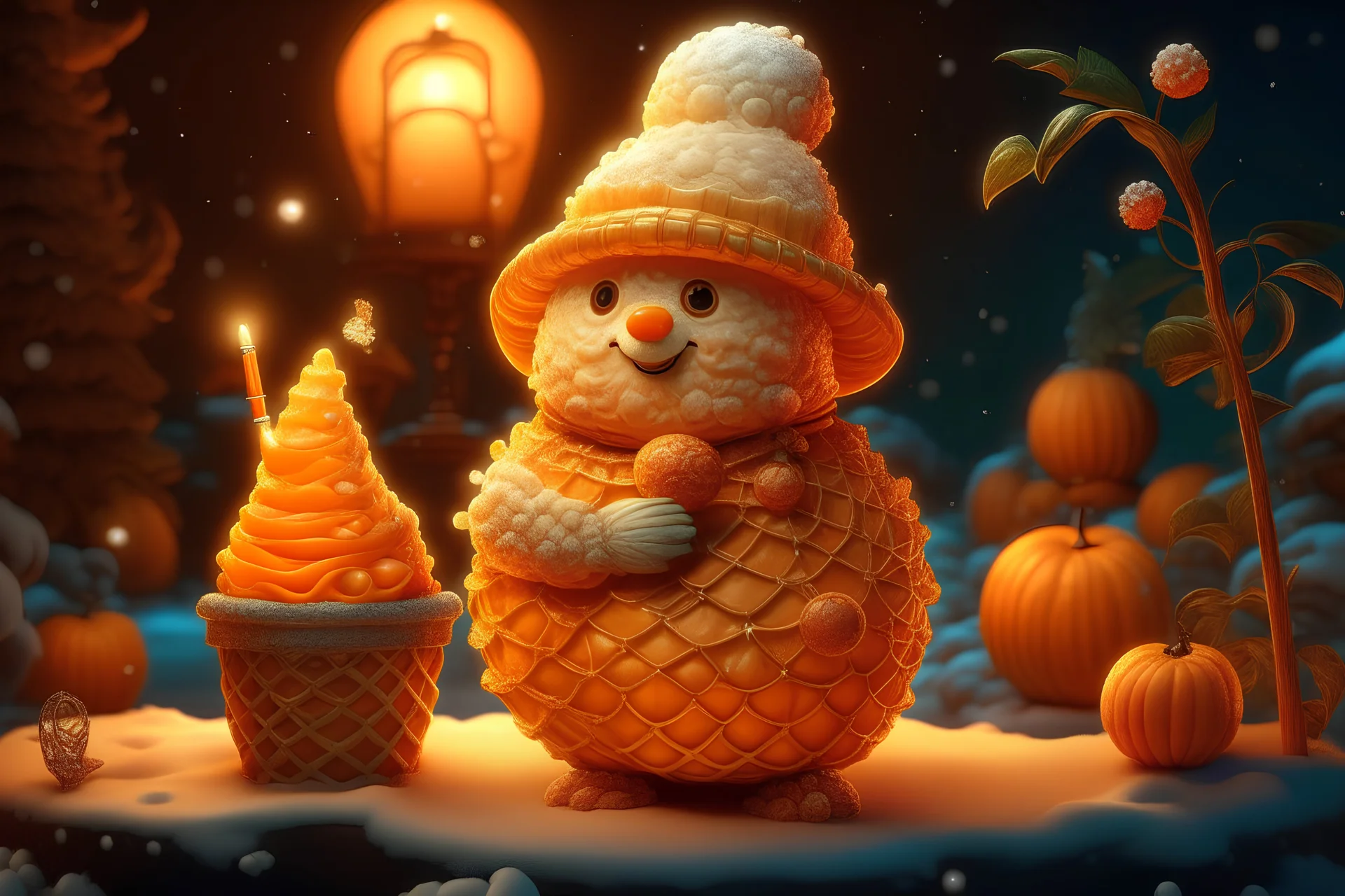 beautiful cute tangerine snowman with waffle ice cream, professional photo, high resolution, frame depth, high detail, 1024k, ISO 1000, digital art, botanical art, filigree, hyperrealism, surrealism, glitter, cinematic, backlight, full HD wallpaper, high detail, elegant, 8k, oil on canvas, beautiful, 4K 3D, excellent quality, colorful, very cute, Thomas Kincaid