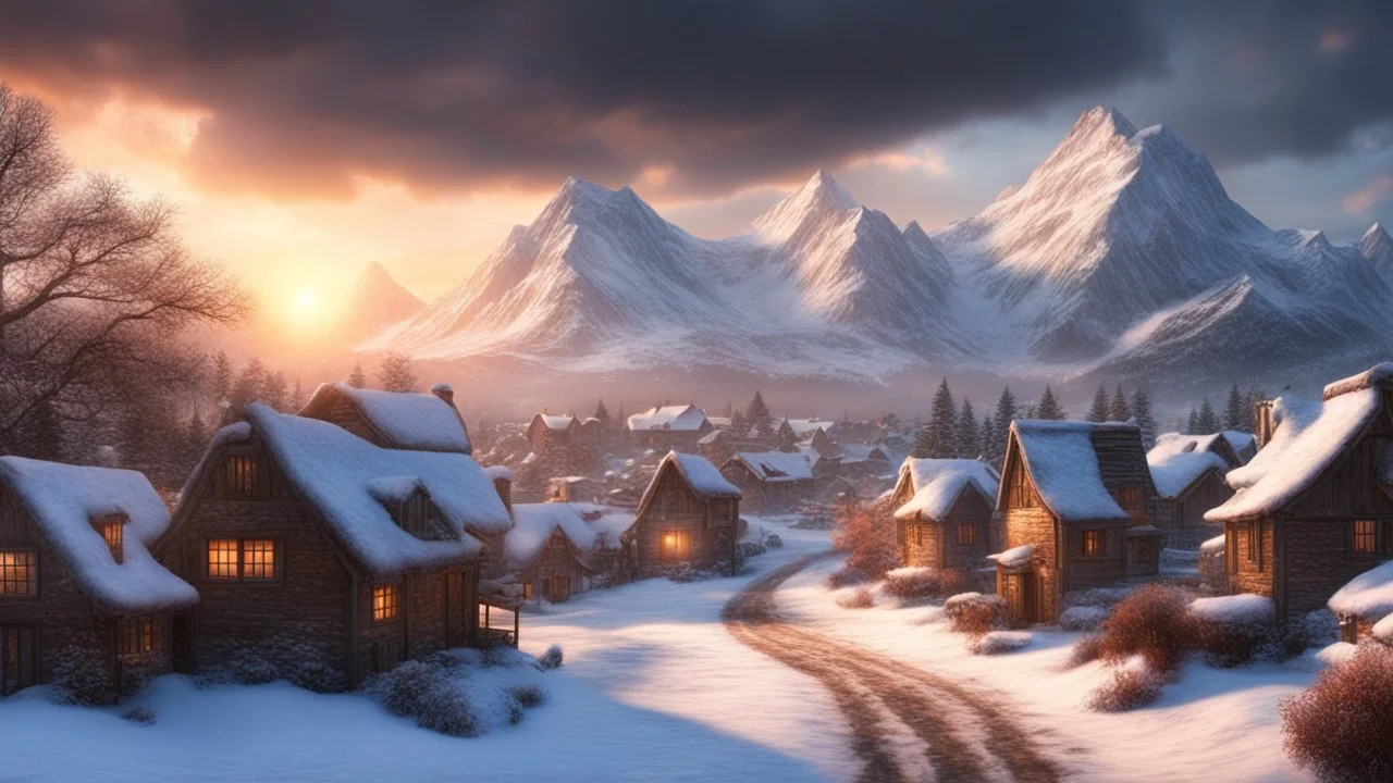 Hyper Realistic village cloudy sunset & snowy mountains