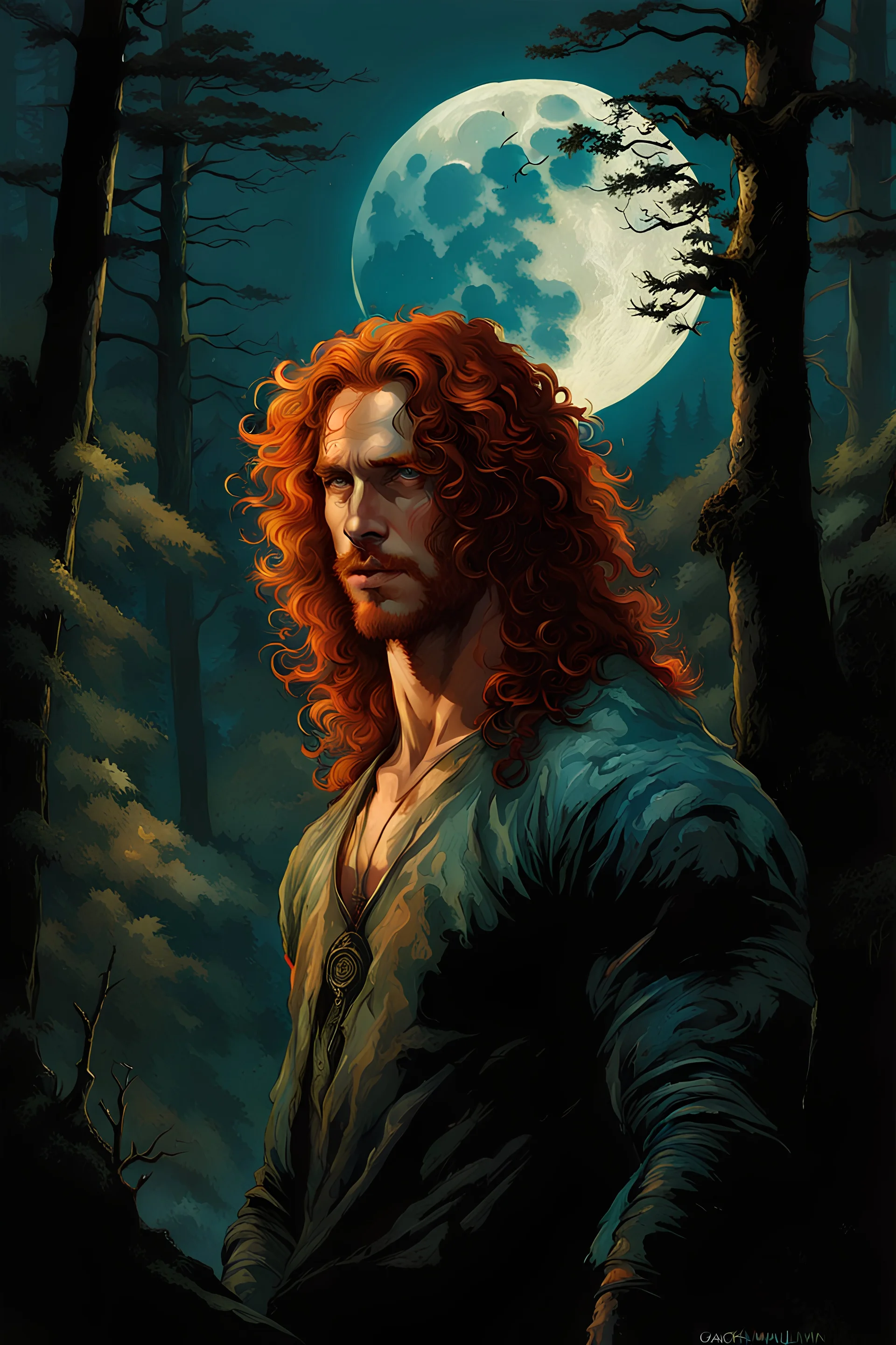 Attractive male, (he looks like Gwilym Pugh) long red curly hair, chiseled, handsome, freckles, perfect face, hyperdetailed eyes and an athletic, masculine body, under a painted neblua sky, full moon; deep forest, spooky ambiance, by gaston bussiere, craig mullins, j. c. leyendecker