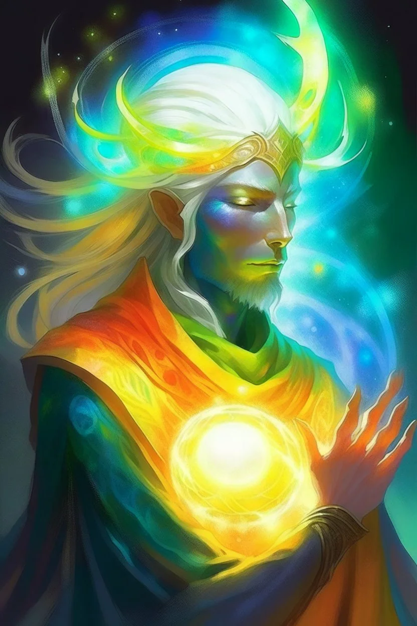 prismatic hair ethereal transparent prism astral projection Eladrin Male antlers druid beard sparkling radiance prismatic shining starlight enshrouded