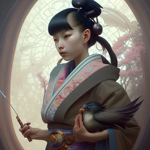 storybook illustration of cute little tengu yokai girl, raven-black hair, wearing a kimono, digital painting, pastel, illustration, art by artgerm and greg rutkowski and alphonse mucha, procreate, epic, fantastic, featured on cgsociety.art by Greg Rutkowski, Alphonse Mucha, Artgerm