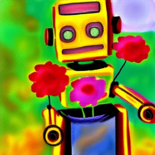 A robot doing An impressionistic painting of flowers