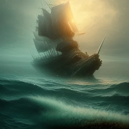 sea dinosaur from the past,ship wreck in storm, book cover, fantasy art, sandy beach, water, reflection, misty, detailed