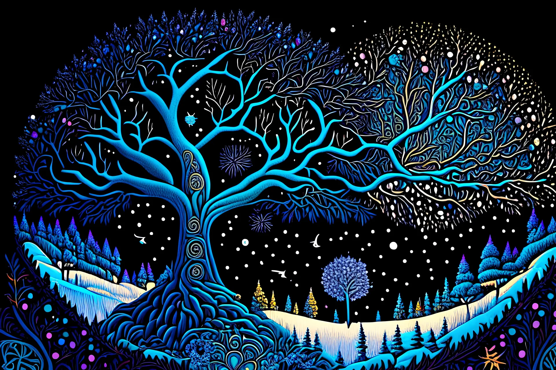 graphic drawing winter fantastical landscape, moon, round tree crowns, ice flowers, cold colors, a flat image with careful drawing and tracing of every detail, black background, cosmic bright color, folk art, Epic cinematic brilliant stunning intricate meticulously detailed dramatic atmospheric maximalist digital matte painting, perfect composition, masterpiece