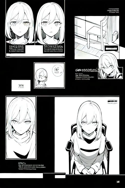 blonde girl converses sitting on a chair, isometric view, grayscale, manga page