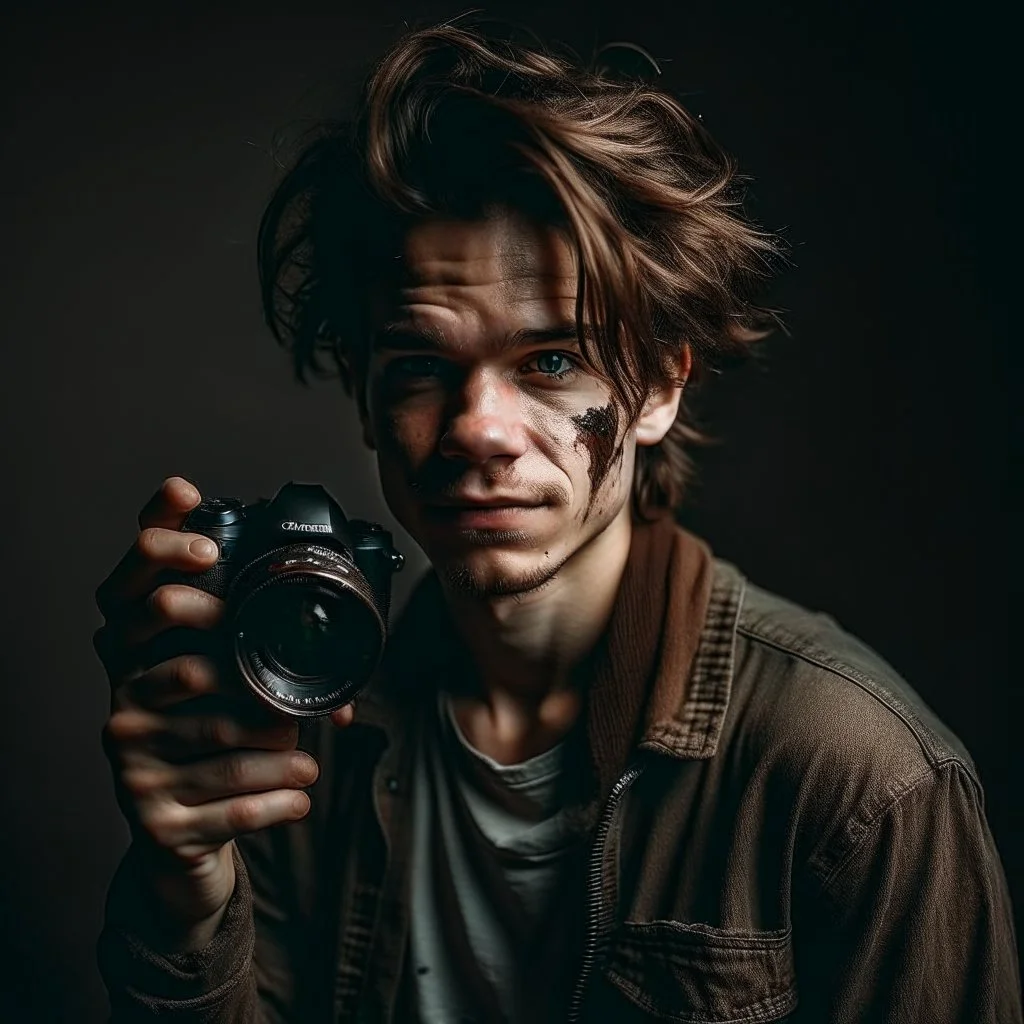 Brown haired man with a scar on his face casual 90s clothes and a camera grimdark art