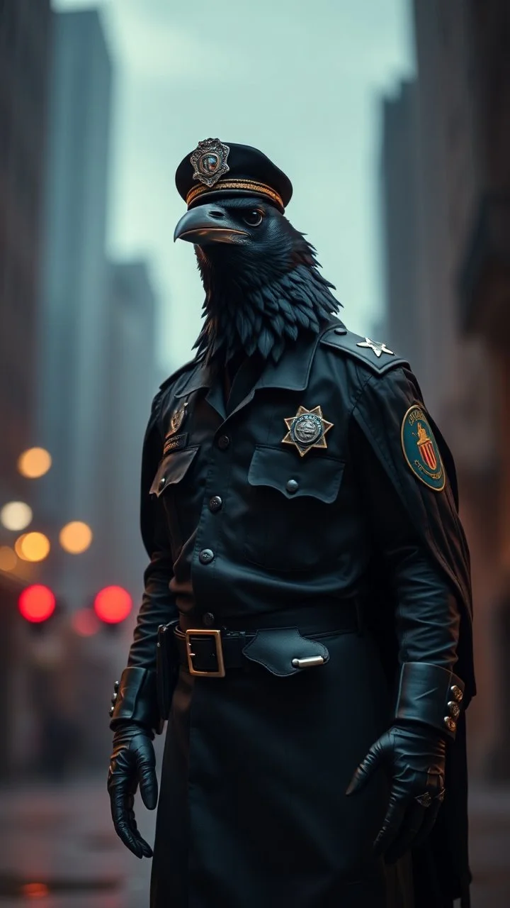 a crow wearing a police dress realistic , pro photography , high quality, and cinematic scene