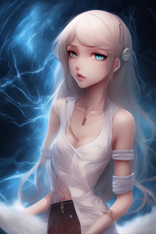 Stunning anime beauty with striking looks in a stormy background