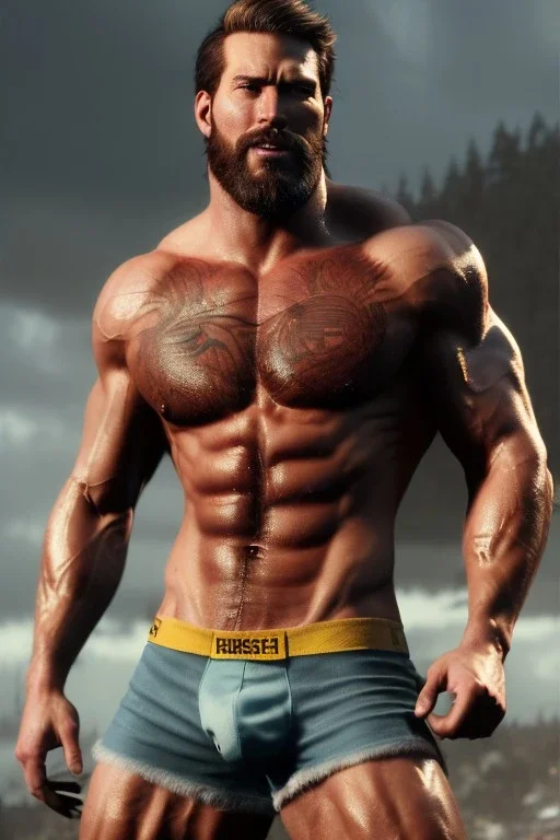 Ignore NSFW, teenager young rugged attractive slightly muscular fantastic handsome man, red briefs with yellow belt, hairy chest, (((visibly pisssing))) briefs, large erect visible boner peniss, photorealistic, artist Jay Anacleto, soft lighting, scruffy beard