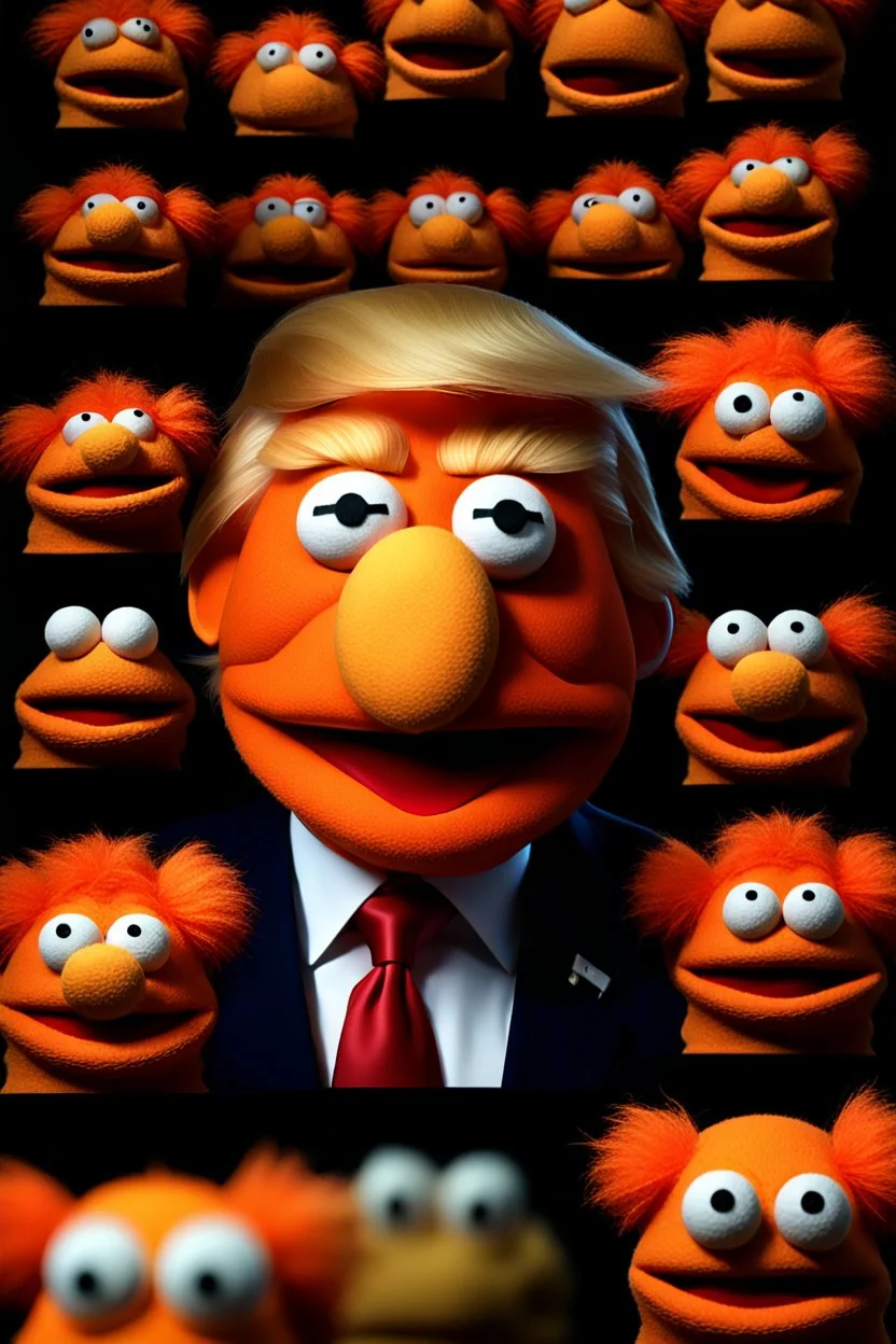 Waist up EVIL muppet Portrait Accurately representing Angry evil Orange Donald J Trump as muppet doll made of felt, Evil president, photo studio, black background, unreal engine 5, concept art, art station, ray tracing, lumen lighting, ultra detail, volumetric lighting, 3d. He looks 80 years old.