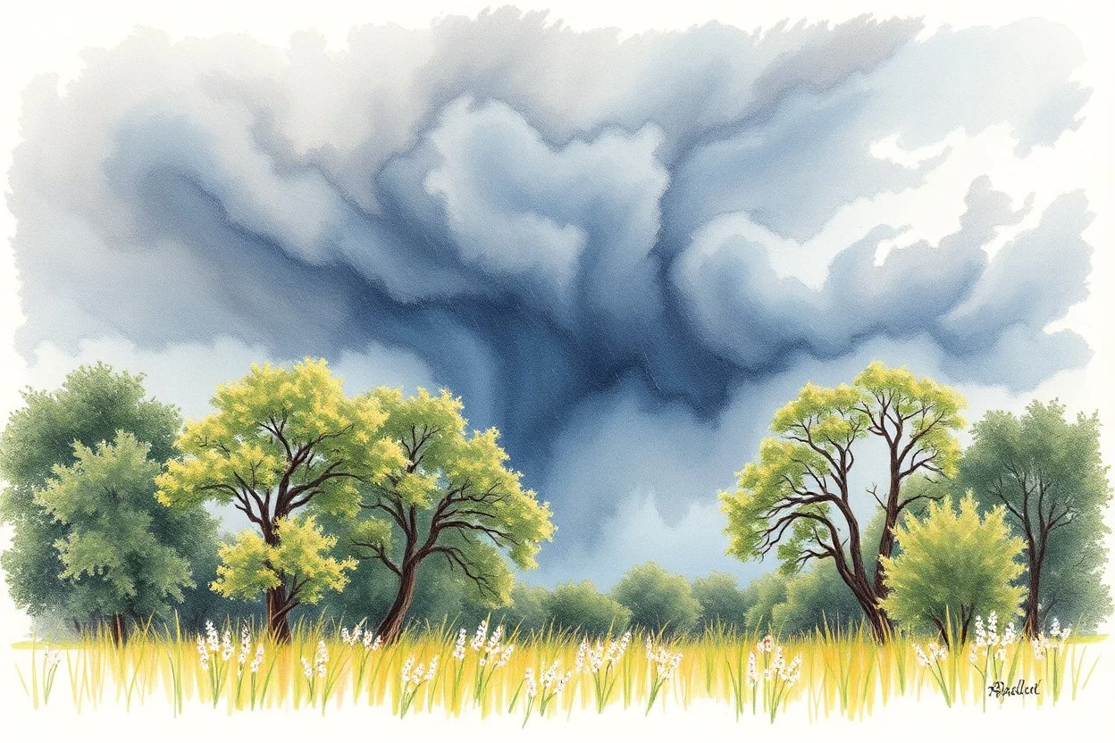 summer thunderstorm, Trees, , Dark Clouds, Bad Weather, June, wet in wet Modifiers: beautiful Arthur Rackham Jean-Baptiste Monge Josephine Wall Thomas Wells Schaller shabby chic Pencil and pastel sketch pastel patchwork line art