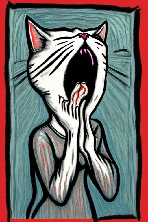 Cat holding her head with her hands. The scream Edvard Munch. Painting style of Edvard Munch