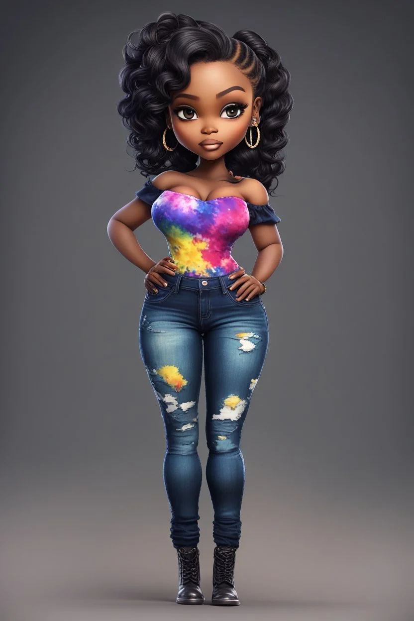 create a colorful abstract digital art image 8k of a chibi curvy black female wearing torn jeans pants and a black-tie dye off the shoulder blouse. Prominent make up with hazel eyes. Highly detailed long wavy sleek ponytail