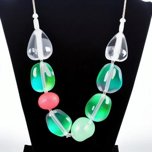 Chunky clear polyester necklace with colorful beads and charms