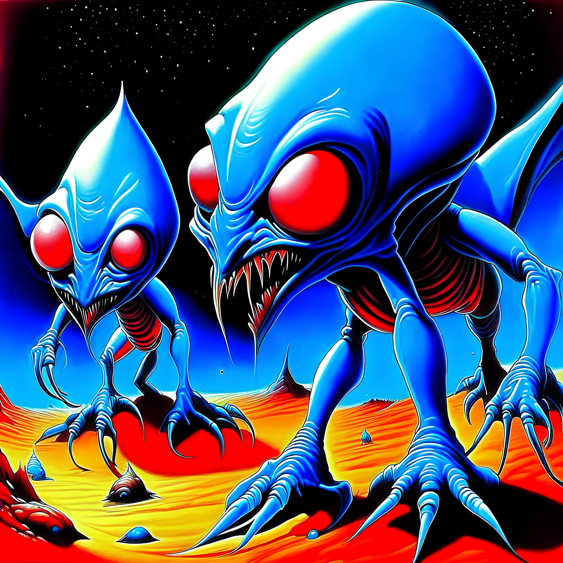 French surrealism animation art from 1970s, illustration of large blue alienoid creatures, mesmerizing, hallucinogenic tones, strange, creepy cutout style of animation of phantamosgoric giant blue alien with red eyes, Czech animation tradition, art by Roland Toper, Dali-esc environment, trance-like, Fantastic Planet aliens