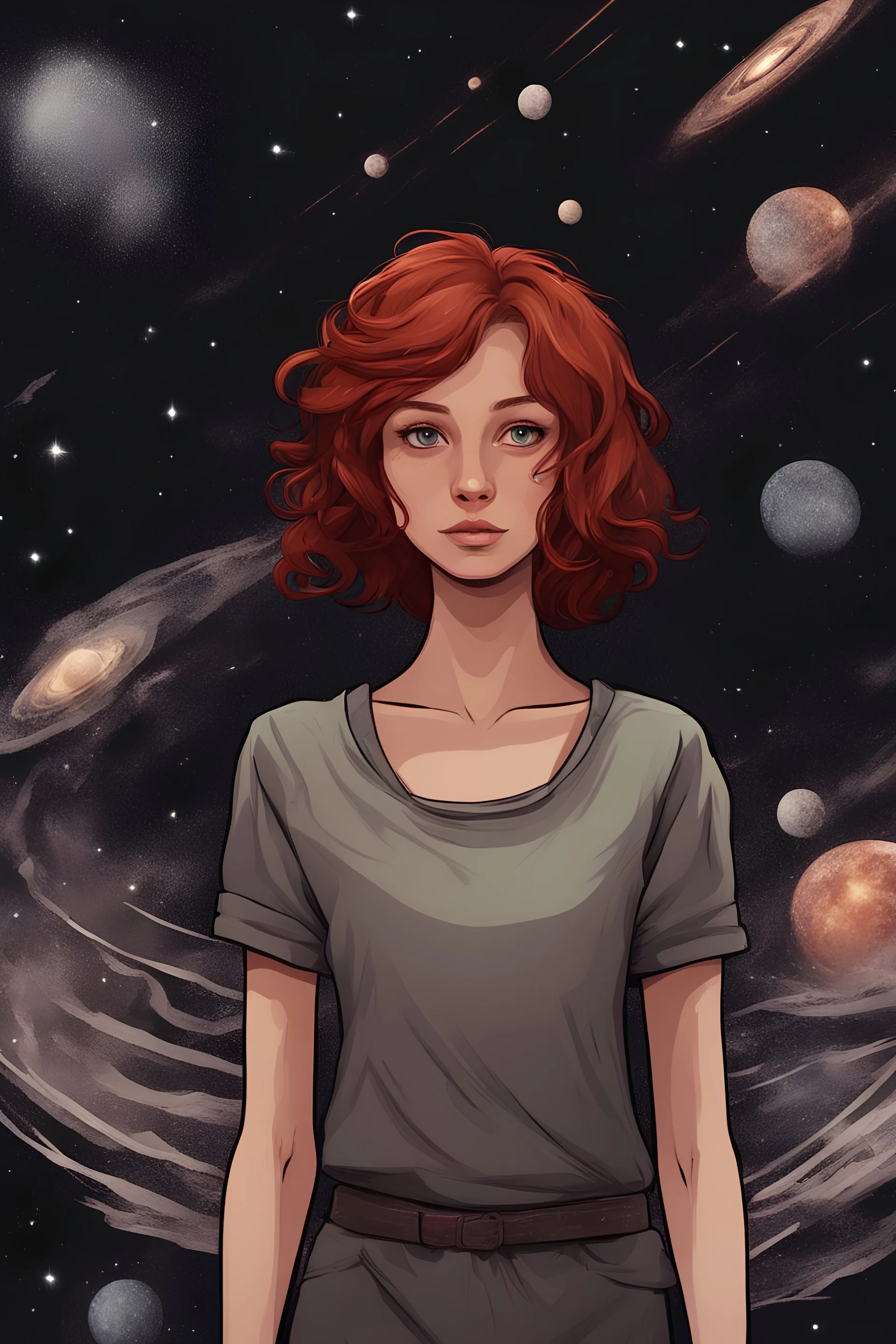 flat slender woman with brownish red hair walks between the galaxies