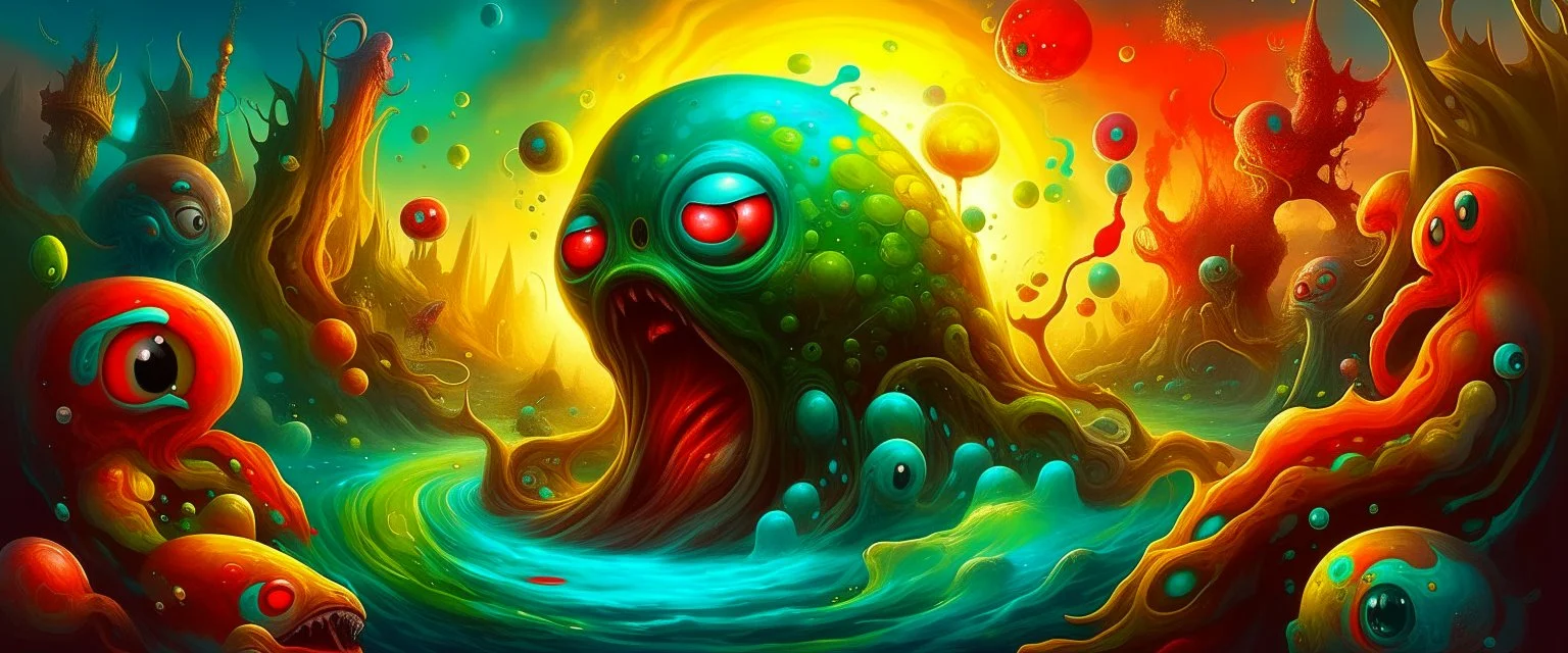 a high definition IMAGE detailing the creatures found on other worlds, retrofuturistic, phototrealism, Macabre Rapture End of days Revelation scene, isanely detailed matte oil painting, sinner apotheosis,diagonal composition, unbalanced, abstract surreal horror, eerie, scary warm a colorful splash of steampunk bubbles , amazing splashscreen artwork, photoshop water art, liquid painting, swirling paint colors, ink splash, physics splashes of colors, colorful sw