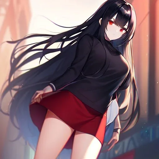 Clear focus,High resolution, black long hair, Vibrant red eyes, Emo, wearing a short skirt