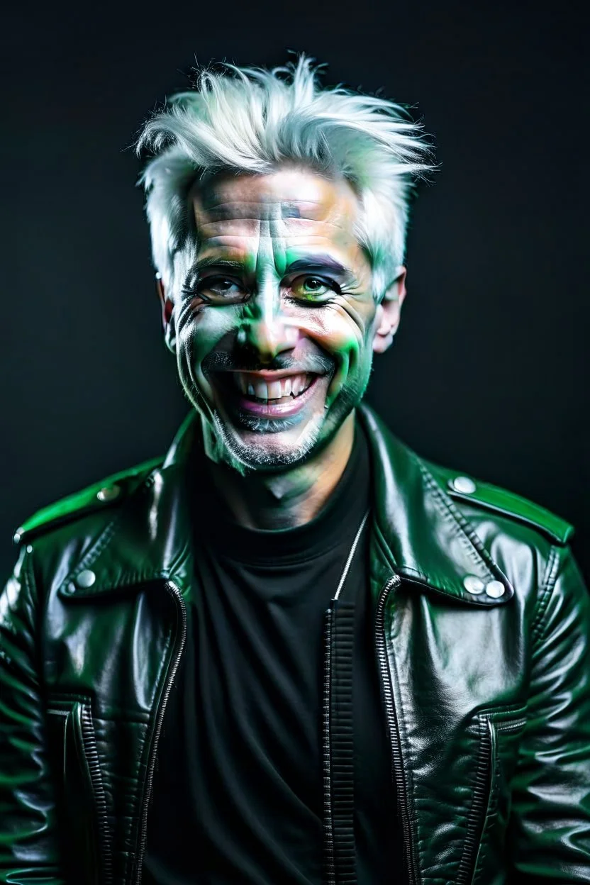 plauge doctor in balck leather coat and suit with silver hair, pale skin and bright green eyes smiling with sharp teeth, nice young face, male, viscious smile