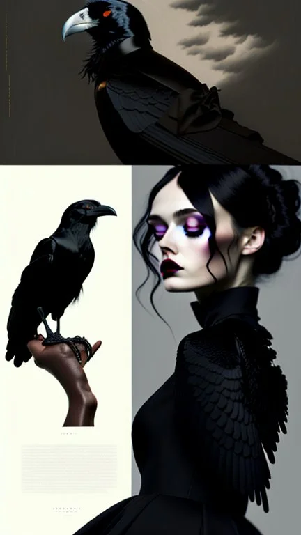 painting by koson ohara and marta bevacqua, portrait of a beautiful goth woman with black hair Caress a crow, wearing a black dress, 8k, high quality, highly detailed full body