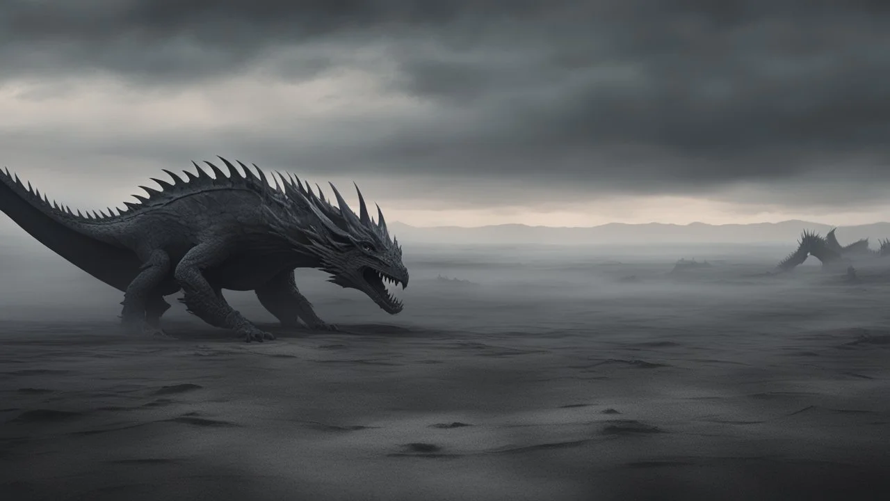 a flat landscape covered in dark gray dust. ancient battle field. dragon bones. dark grey mist. dead ocean in the distance. seen from the ground. fantasy, horror. no trees