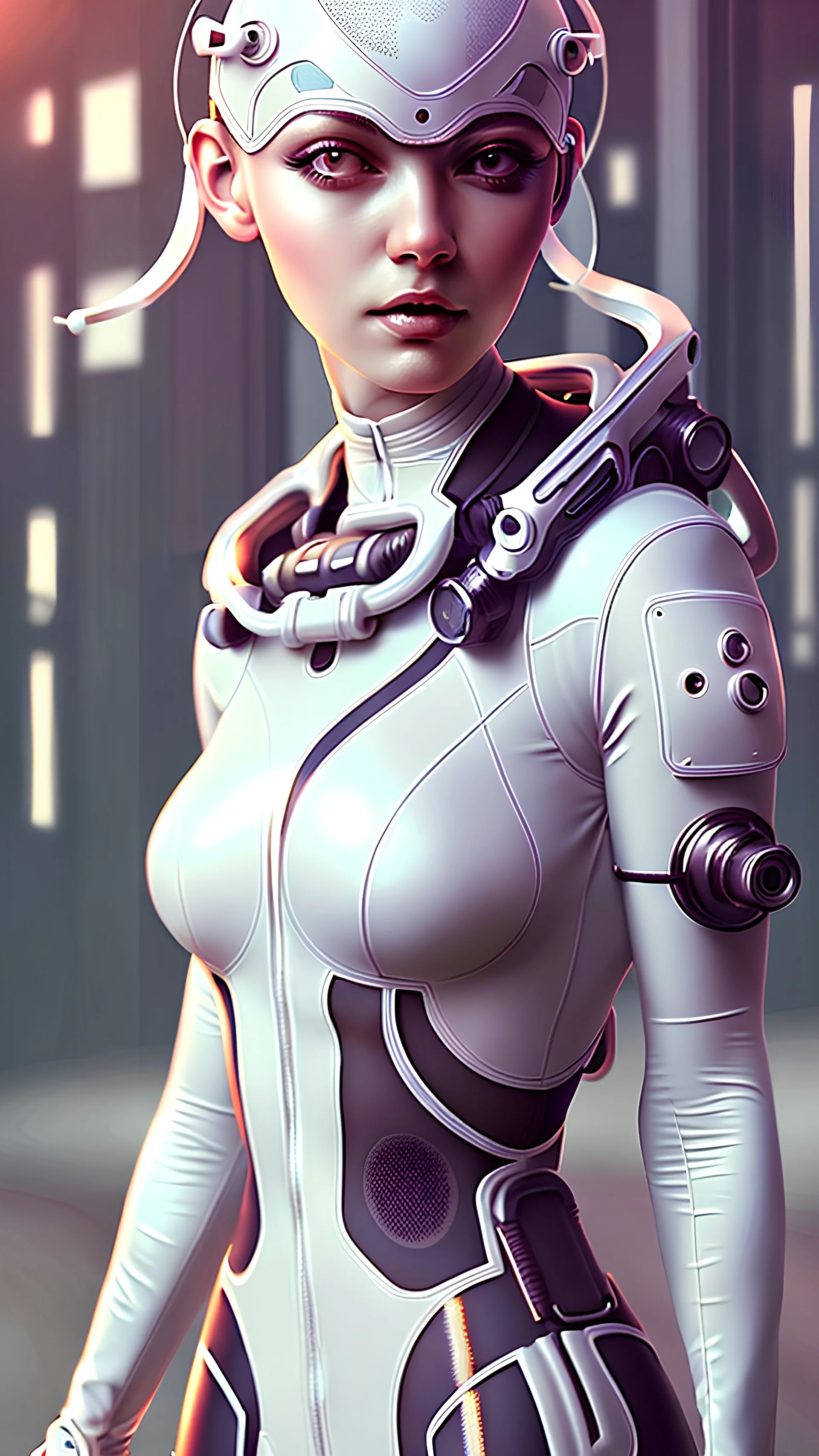 highly detailed beautiful female techpunk, extremely detailed white and steel steampunk clothing, high tech, sci-fi, realistic hair, futuristic steampunk city street, ultra realistic, 8k, vector art