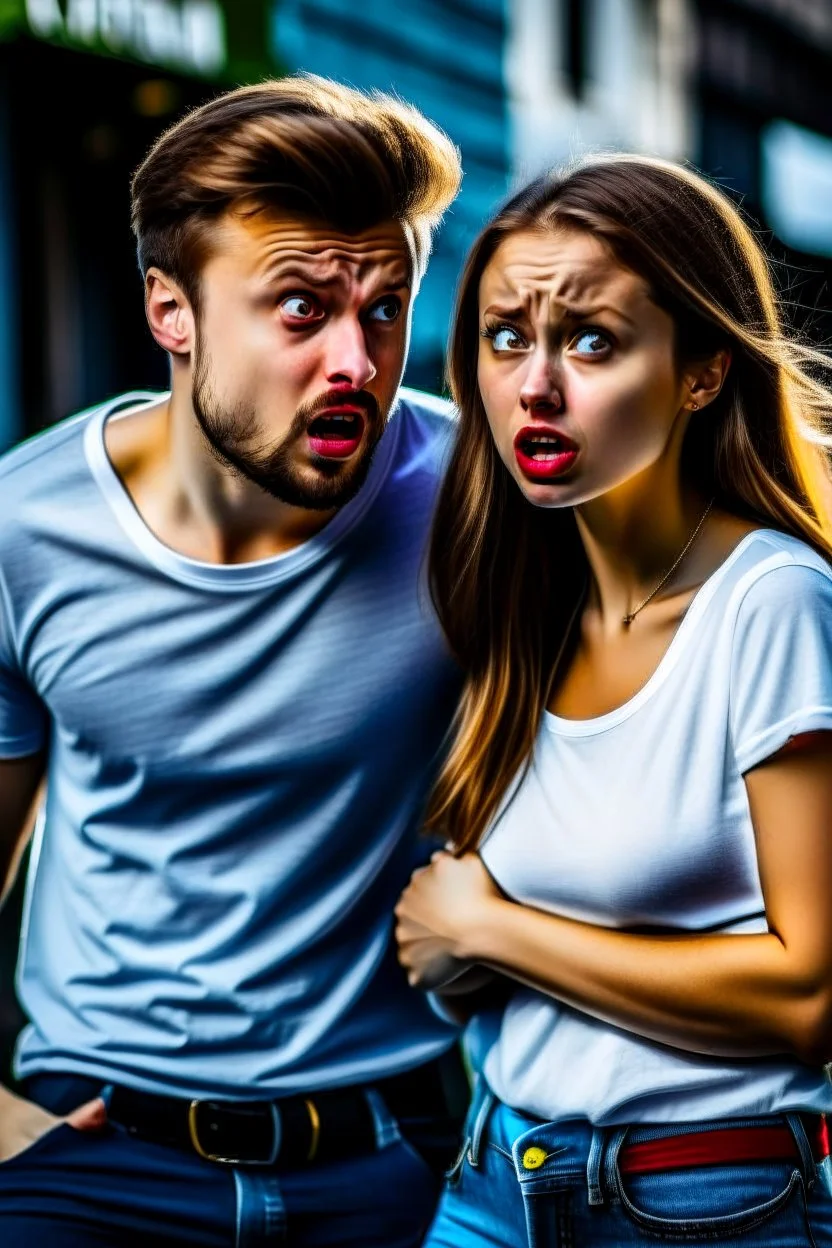 very beautiful man, late 20s, piercing blue eyes, wearing a white T-shirt tucked into jeans, looking panicked, shielding girlfriend during an earthquake