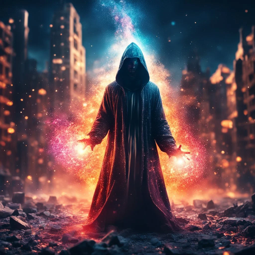 hooded space wizard casting spells, covered with glowing crystals, fire particles in air, destroyed city in background, night, bright colors, glowing sparkle particles, dark tone, sharp focus, high contrast, 8k, incredible depth, depth of field, dramatic lighting, beautifully intricate details, clean environment, epic dynamic scene