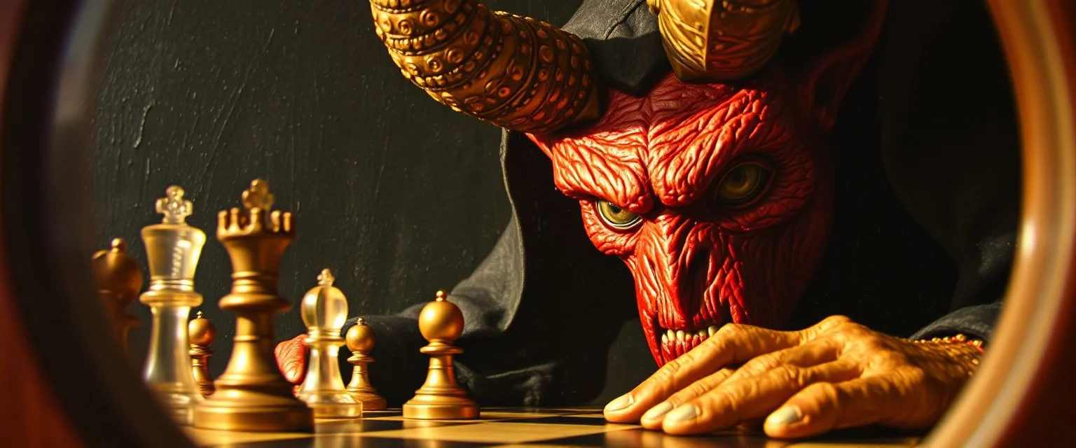 pin hole cam, master oil painting by Rembrandt, realistic rendering one eyed media chess demon a sense of depth