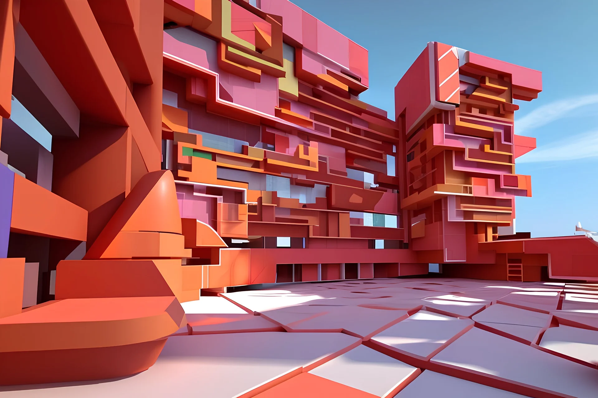 geometric hotel of the future with people in abstract 3d peach red and orange