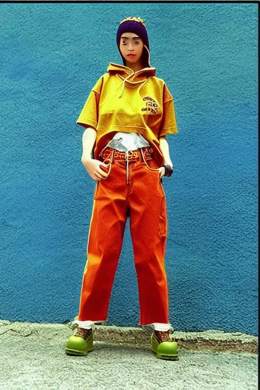 year 1998 women fashion. Loose, baggy, low waist Combat pants, t-shirt, new kind of hoodie with tippet! recycled denim straight trousers. Colors: denim blue, blue, purple, cream, khaki, "light green", lilac, plum, orange, terracotta, red, light yellow, lion yellow, pink, dark blue, beige. Sturnus vulgaris-print. wide belt. Partly latex or leather. Kylie Minogue, Tyra Banks. leg warmer. Cargo pants and hoodie!