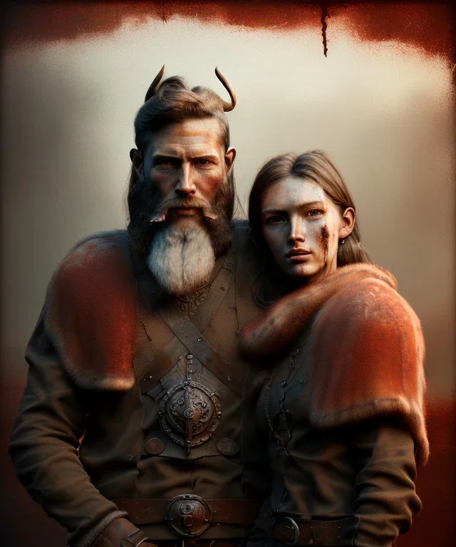 an abstract painting of rusted wood, Viking style, 8K, a Highly detailed stunning full frame portrait of a man with a woman, wide-angle view, a realistic face, volumetric lighting, volumetric clouds