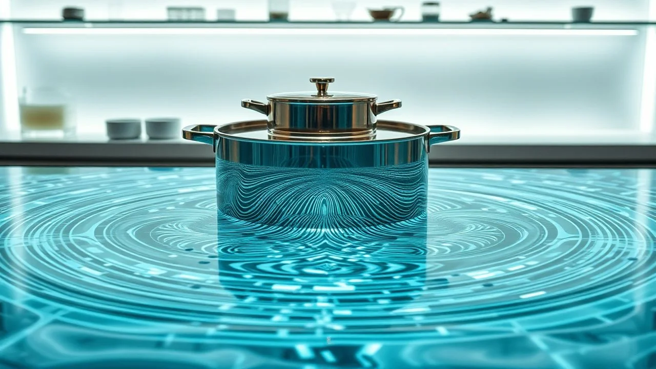 modern labraratory instrument environment, water waves created Cymatics pretty patterns that sound waves make on water in luxury lab in a big pot on the table sync with music ferquency t