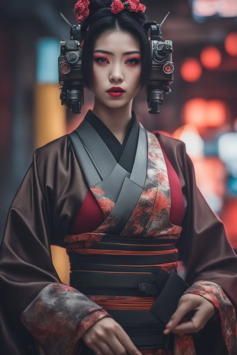 ((Lost suit)),((lost clothes)),Ultra realistic photo beautiful cyberpunk geisha woman , futuristic style, HOF, captured with professional DSLR camera, 64k, ultra detailed,