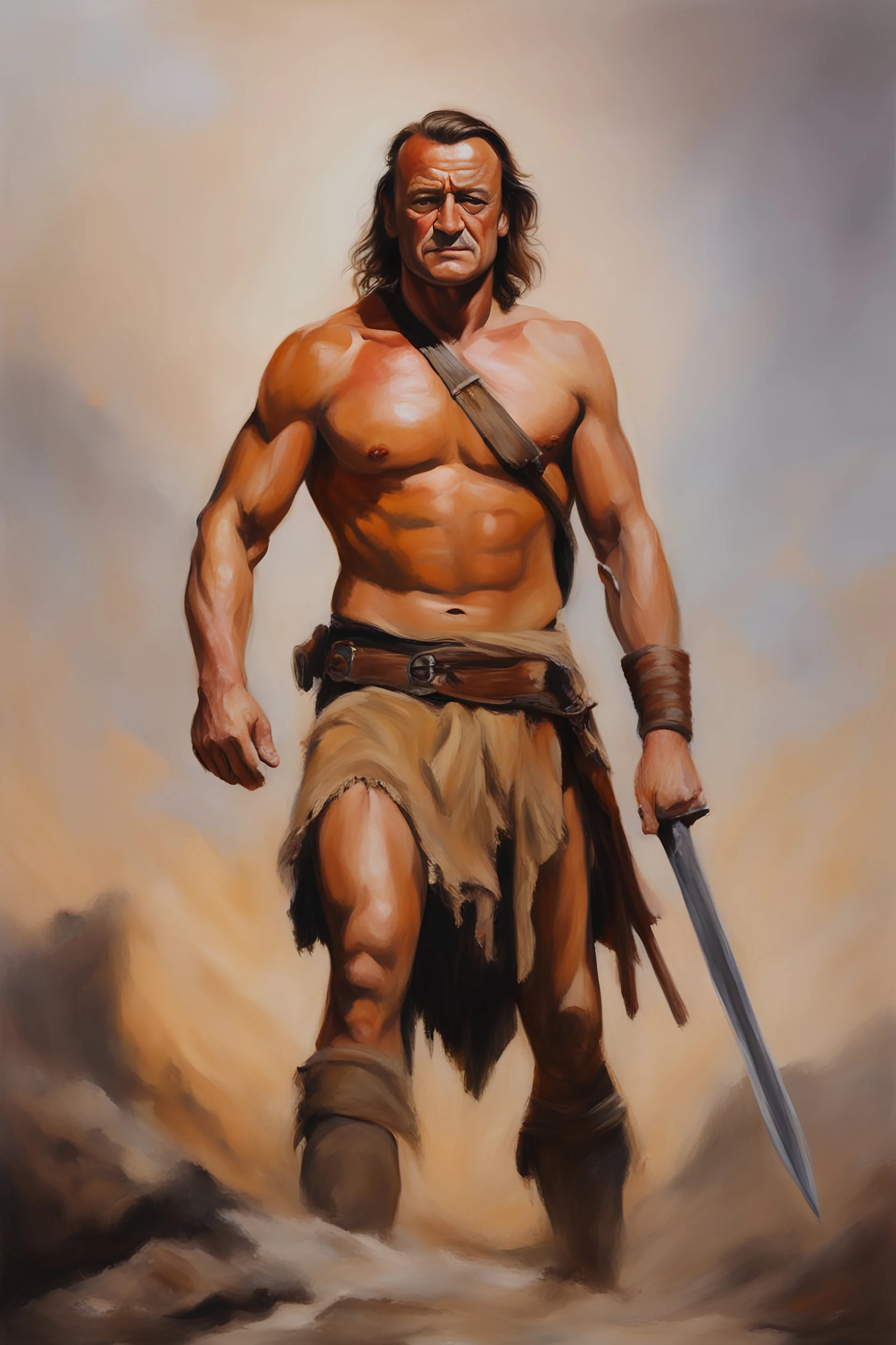 full color facial Portrait of action hero John Wayne the Barbarian - oil painting by Scott Kendall