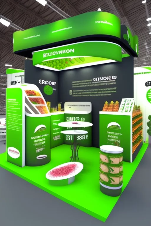 Corner green exhibition stand of a food company with product displays and a meeting area