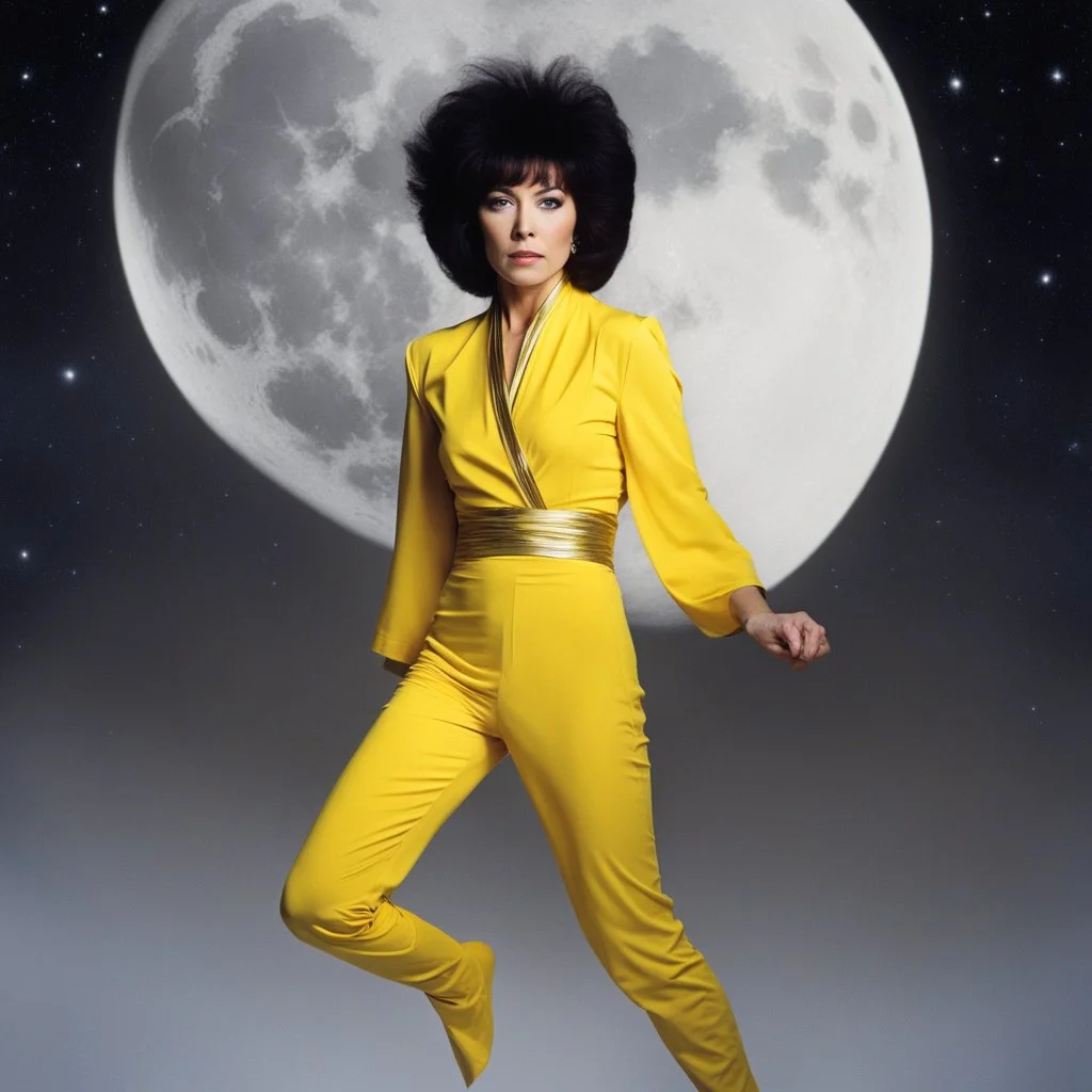 The woman, her name is Linda Thorson, she's a master of an ancient martial art passed down through generations. She wears a vibrant yellow suit, symbolizing her discipline and determination. And there she is, suspended in the air, defying gravity, her body contorting with grace and power. The planet beneath her, with its large moon, adds an ethereal backdrop to the scene.