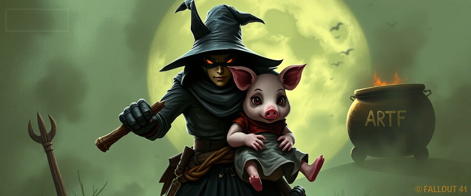 bad ninja witch wolf carrying a lovely scared wtf are you up to, pig girl with dress under his arms, big cauldron in the background in the style of fallout 4