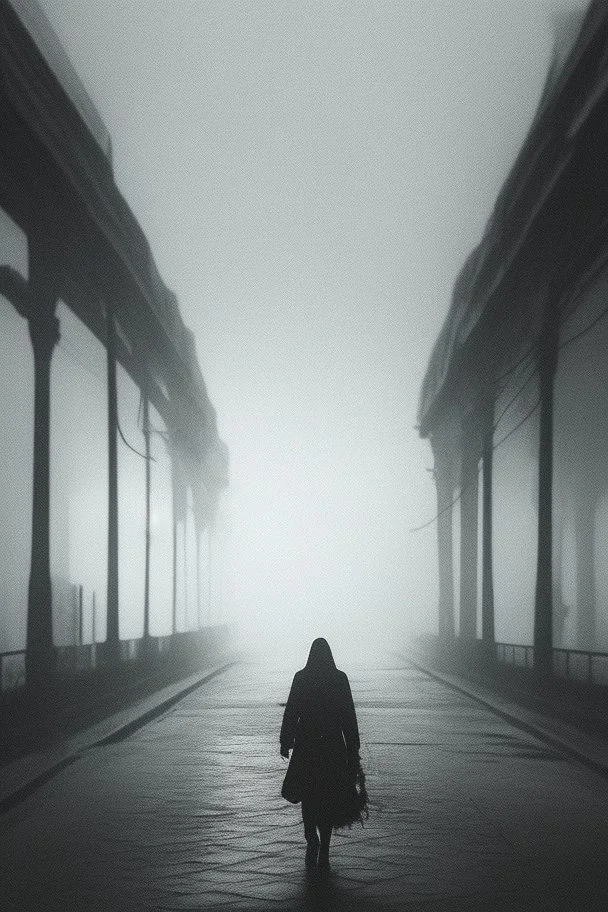 Dark street life creepy fog colours strong texture ombre insensate nightmare 8k artistic Photography volumetric light, Yves Tanguy