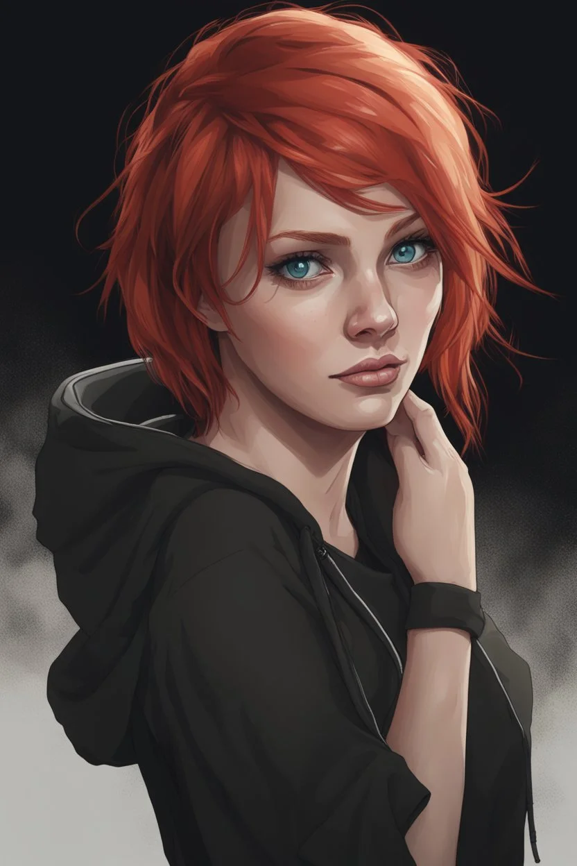 Woman with bright, short red hair, blue eyes, wearing a black hoodie, realistic