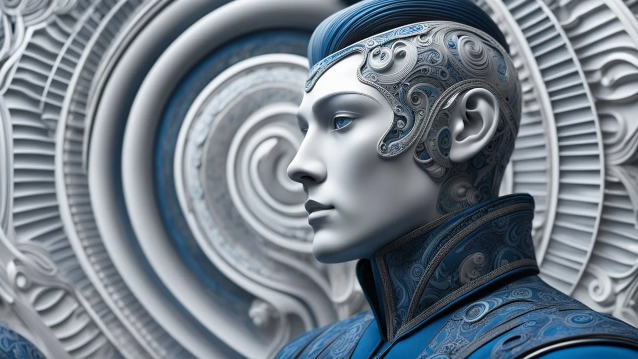 a pale scandinavian man in a swirl of three patterns, in the style of cybernetic sci-fi, intricately sculpted, serene face, futuristic victorian, exquisite realism, dark white and blue, fantasy art, perfect face, perfect eyes, perfect nose, show chest