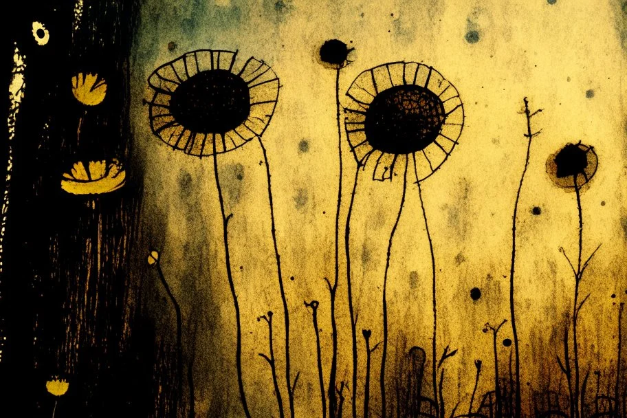 painted and burned burlap, sunshine, flowers, styles of Paul Klee Dee Nickerson and Tim Burton, melting watercolor and black ink outlines on wet paper, soft, shading strokes, in sunshine, ethereal, otherwordly, cinematic postprocessing, bokeh, dof