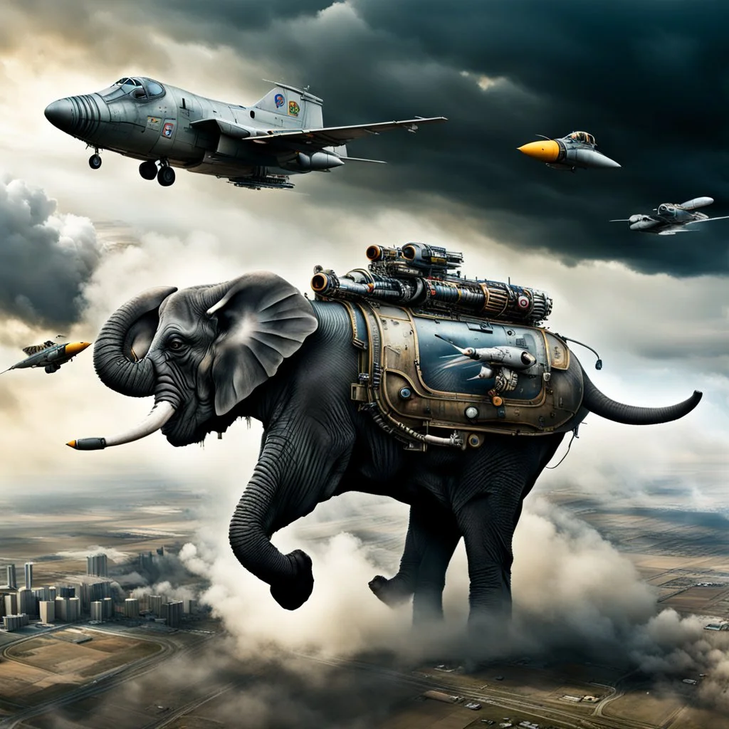 Lucky Stryker, Jet-fighter elephant combination, biomechanical surrealism, organic surrealism, dystopian, photorealisitic, in flight