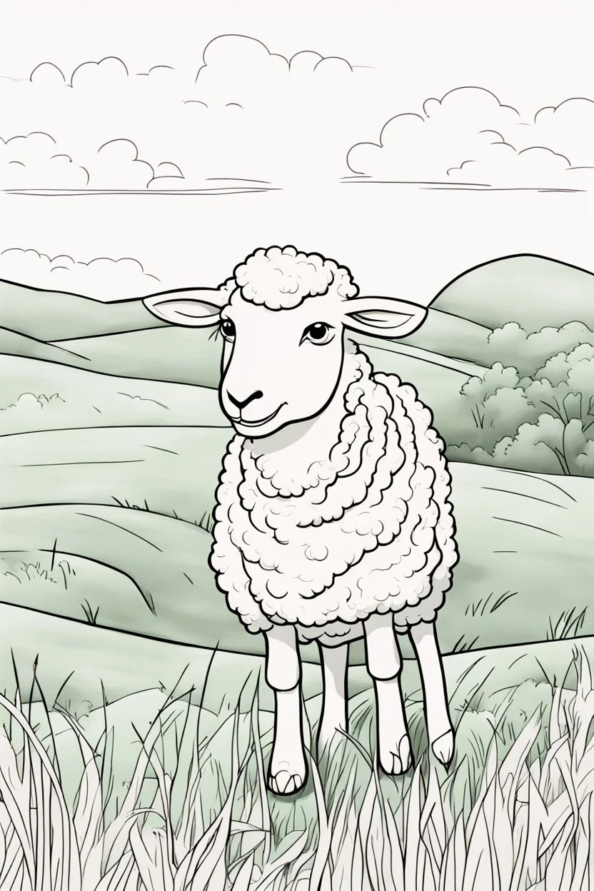 coloring page, sheep in a grassy meadow, cartoon style, thick lines, low detail, no shading